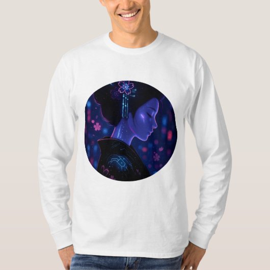 Cyber Geisha – Neon Serenity Tシャツ (正面)