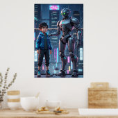 Cyber Guardian | Sci-Fi Robot & Kid Art Poster ポスター (キッチン)