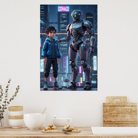 Cyber Guardian | Sci-Fi Robot & Kid Art Poster ポスター (キッチン)