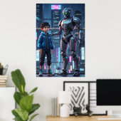 Cyber Guardian | Sci-Fi Robot & Kid Art Poster ポスター (ホームオフィス)