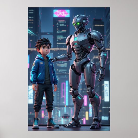 Cyber Guardian | Sci-Fi Robot & Kid Art Poster ポスター (正面)