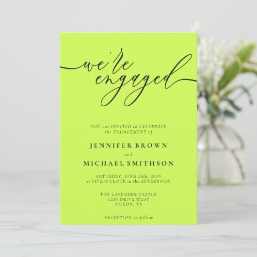 Cyber Lime & Jet Black Minimal We are Engaged 招待状 (スタンド正面)