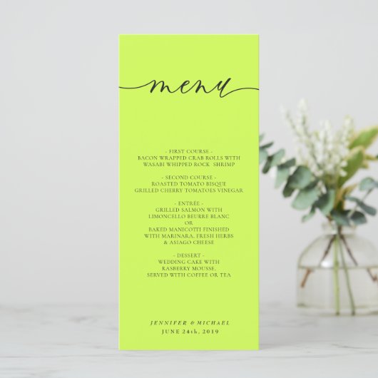 Cyber Lime Jet Black Simple Script Wedding Dinner メニュー (スタンド正面)