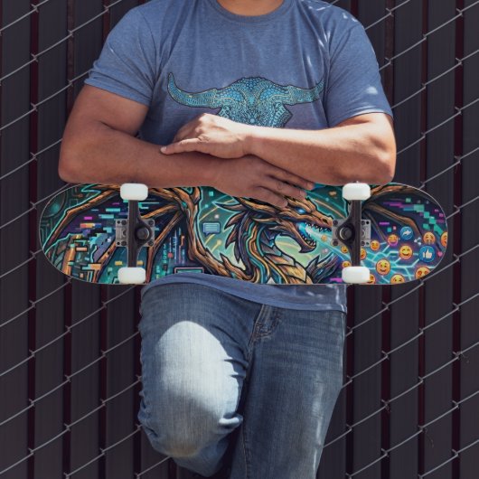 Cyber-Neon Blue Dragon Glitch Art Mural Design スケートボード (室外3)