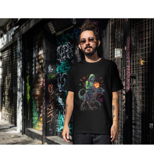 Cyber Neon Skeleton Riding Robo Dino – Halloween  Tシャツ