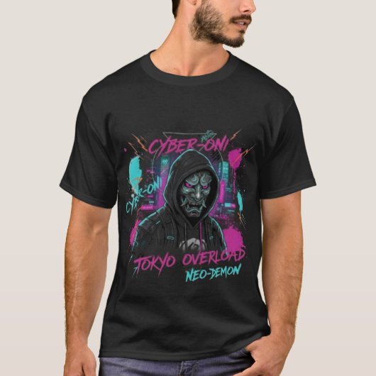 Cyber-Oni & Robotic Cat Head | Neo-Tokyo Vaporwave Tシャツ (正面)