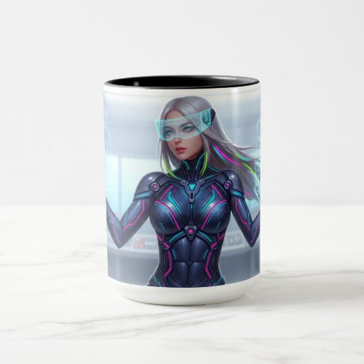 Cyber Oracle Mug – Futuristic Tech Anime Girl マグカップ (中央)