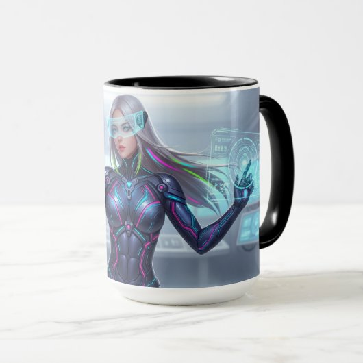 Cyber Oracle Mug – Futuristic Tech Anime Girl マグカップ (正面右)