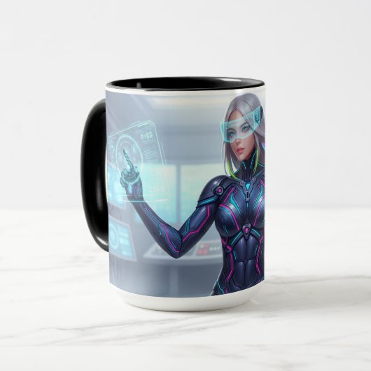 Cyber Oracle Mug – Futuristic Tech Anime Girl マグカップ (正面左)