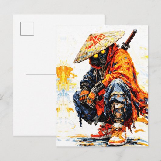 Cyber Samurai Palette Knife Neon Orange Impasto ポストカード (正面/裏面)