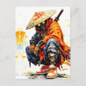Cyber Samurai Palette Knife Neon Orange Impasto ポストカード (正面)