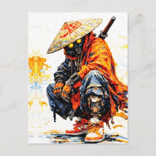 Cyber Samurai Palette Knife Neon Orange Impasto ポストカード (正面)
