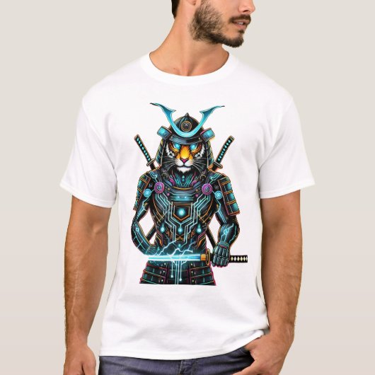 Cyber Samurai Tiger – 未来的な戦士アート Tシャツ (正面)