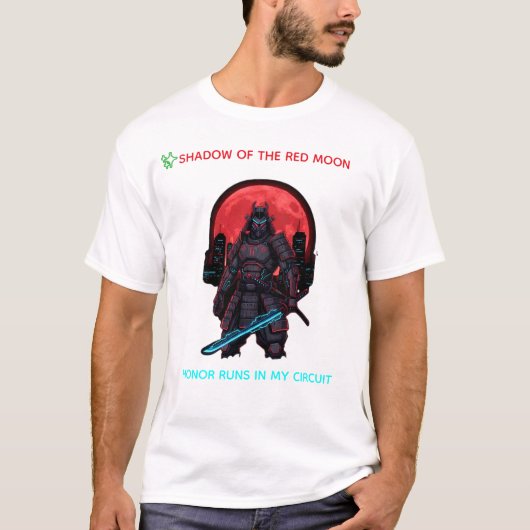 Cyber Samurai Under the Red Moon – Neon Warrior Tシャツ (正面)