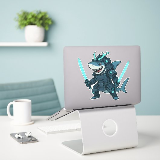 Cyber Shark in Armor with Dual Swords Sticker シール (デスク上のノートパソコン)