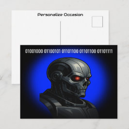 Cyber Skull Blue Glow Binary Hello Tech Design  シーズンポストカード