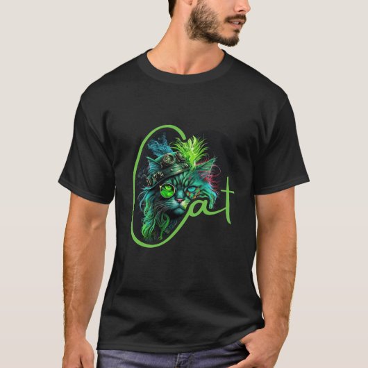 Cyber Steampunk Cat – Neon Futuristic Cat Lover Tシャツ (正面)