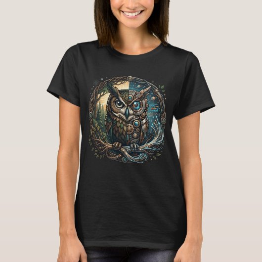 Cybernetic Owl Nature vs Technology Steampunk Tシャツ (正面)