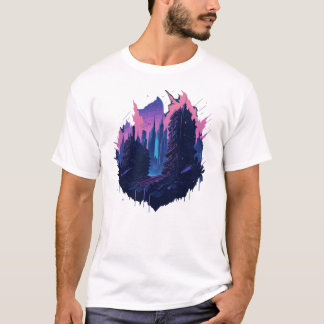 Cyberpunkカラフルシティの水彩スタイル Tシャツ