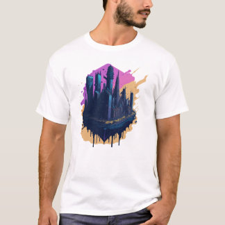 Cyberpunkカラフルシティの水彩スタイル Tシャツ