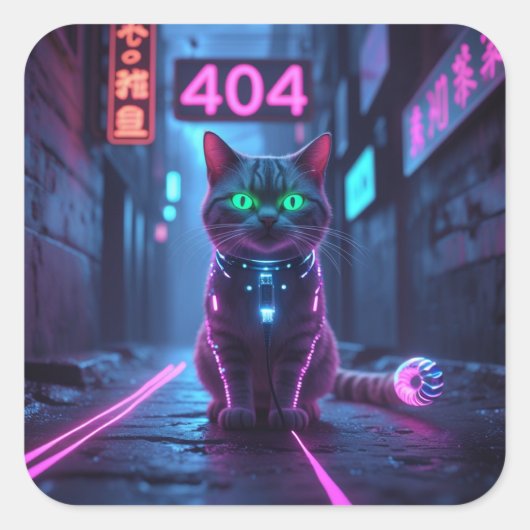 Cyberpunk 404 Error Neon Cat Sticker スクエアシール (正面)