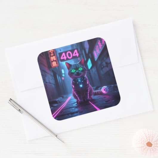 Cyberpunk 404 Error Neon Cat Sticker スクエアシール (封筒)