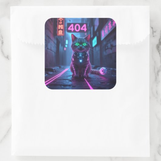Cyberpunk 404 Error Neon Cat Sticker スクエアシール (バッグ)