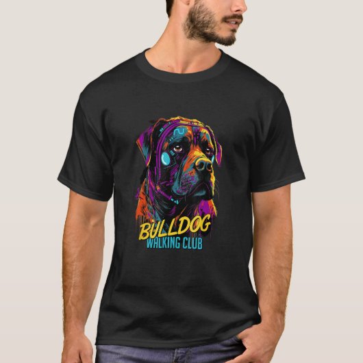 Cyberpunk American Bulldog Walking Club Futuristic Tシャツ (正面)
