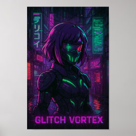 Cyberpunk Anime Girl in Neon Cityscape ポスター