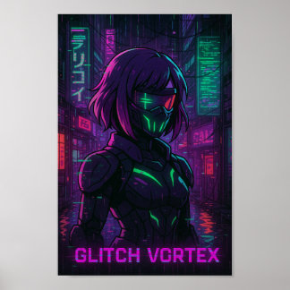 Cyberpunk Anime Girl in Neon Cityscape ポスター