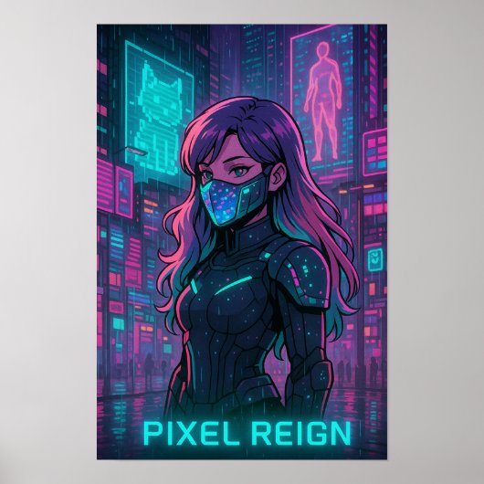 Cyberpunk Anime Girl – Pixel City ポスター (正面)