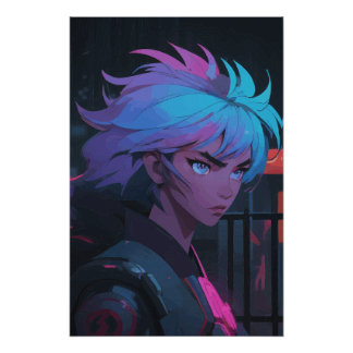 Cyberpunk Anime Girl with Neon Hair – Futuristic  ポスター