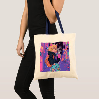 Cyberpunk Cat Girl Tote Bag – Neon Aesthetic トートバッグ
