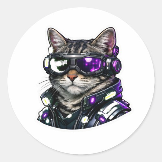 Cyberpunk Cat with Neon Goggles Sticker ラウンドシール (正面)