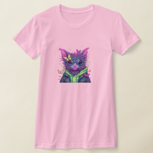 Cyberpunk Cat with Sunglasses and Neon Butterflies Tシャツ (レイダウン)