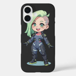 Cyberpunk Chibi Girl Green Hair iPhone 16ケース