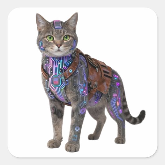 Cyberpunk Circuit Cat – Neon Tech Beast スクエアシール (正面)