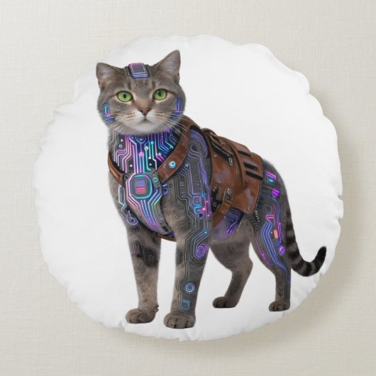 Cyberpunk Circuit Cat – Neon Tech Beast ラウンドクッション (正面)