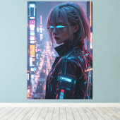 Cyberpunk Cityscape Poster Futuristic Female Hacke キャンバスプリント (インサイチュ (ウッドフロア))