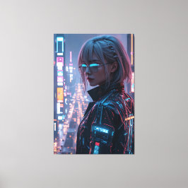 Cyberpunk Cityscape Poster Futuristic Female Hacke キャンバスプリント