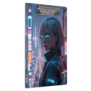 Cyberpunk Cityscape Poster Futuristic Female Hacke クリップボード