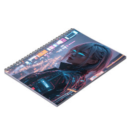 Cyberpunk Cityscape Poster Futuristic Female Hacke ノートブック