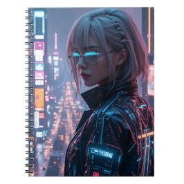 Cyberpunk Cityscape Poster Futuristic Female Hacke ノートブック