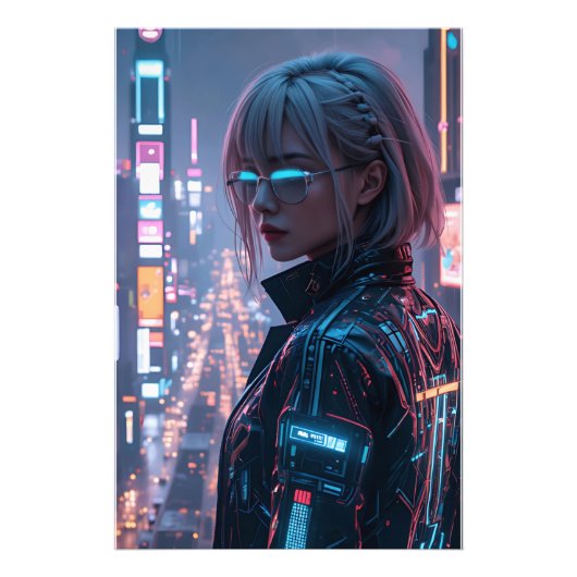 Cyberpunk Cityscape Poster Futuristic Female Hacke フォトプリント (正面)