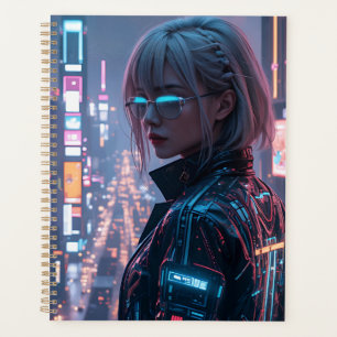 Cyberpunk Cityscape Poster Futuristic Female Hacke プランナー手帳
