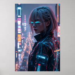 Cyberpunk Cityscape Poster Futuristic Female Hacke ポスター