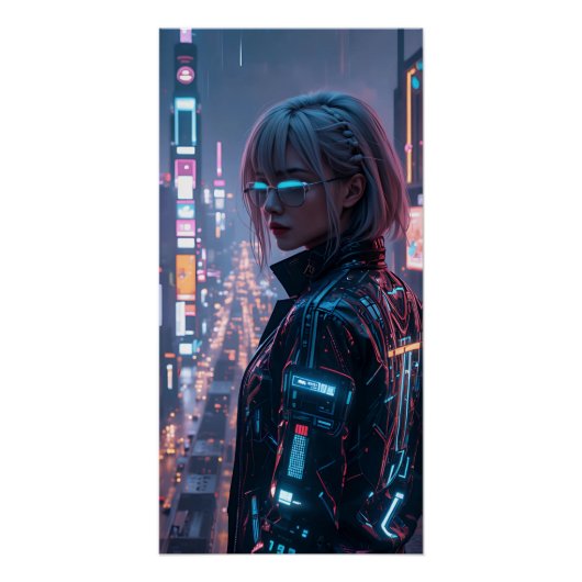 Cyberpunk Cityscape Poster Futuristic Female Hacke ポスター (正面)
