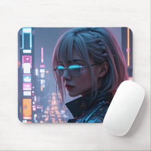 Cyberpunk Cityscape Poster Futuristic Female Hacke マウスパッド