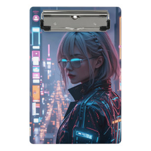 Cyberpunk Cityscape Poster Futuristic Female Hacke ミニクリップボード