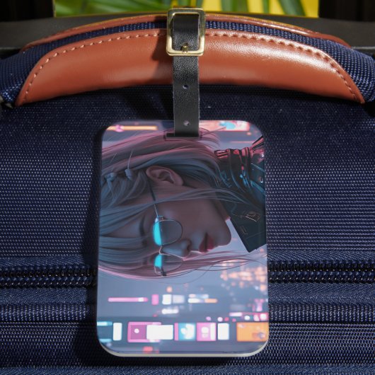 Cyberpunk Cityscape Poster Futuristic Female Hacke ラゲッジタグ (正面インサイチュ2)